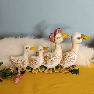 Vintage Cast Iron Charming Duck Family Figurine